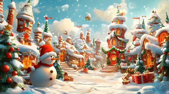 A whimsical Christmas cartoon scene featuring imaginative holiday characters and vibrant decorations, set against a festive backdrop with artistic flair and originality, capturing the essence 