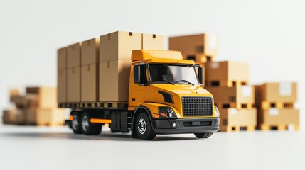 Yellow delivery truck with cardboard boxes in a logistics center