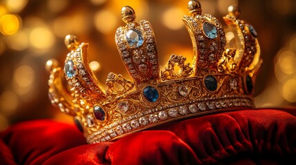 A close-up of a golden crown embellished with intricate gems, resting on a luxurious velvet pillow, symbolizing royalty and power 