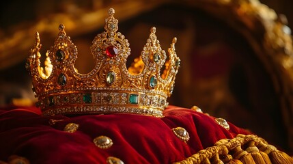 A close-up of a golden crown embellished with intricate gems, resting on a luxurious velvet pillow, symbolizing royalty and power 