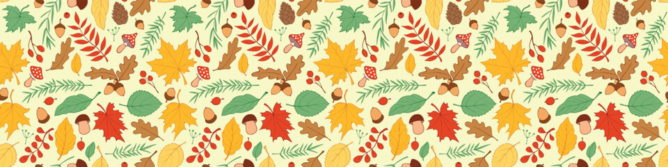 Seamless pattern falling leaves, acorns, berries, mushrooms. Vector color autumn texture, isolated, hand drawn in doodle flat style. Concept of forest, leaf fall, nature, thanksgiving