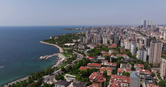 Beautiful Establishing Drone Shot Above Caddebostan Coast. Summer Day, Istanbul