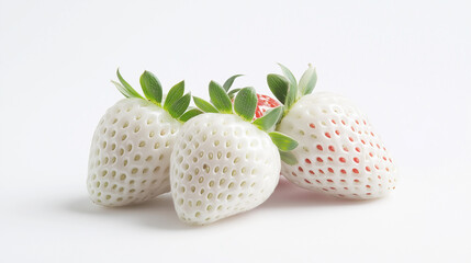 White strawberries with green leaves on white background. strawberries have unique appearance with pale color and small seeds.