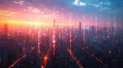 Obraz premium Smart city with abstract dot connections and flowing gradient lines, representing big data and advanced technology concepts