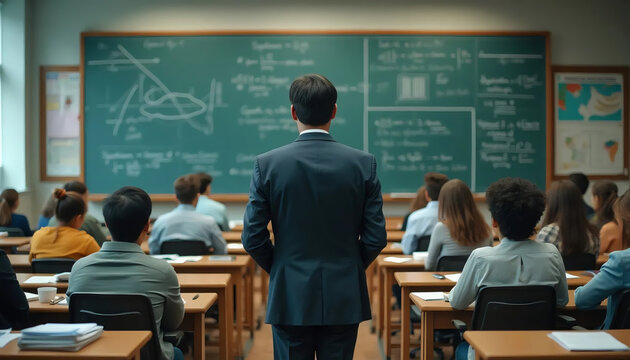Um professor de terno ensina uma turma de estudantes em uma sala de aula, com um quadro negro cheio de f&oacute;rmulas ao fundo. A imagem captura um ambiente educacional e focado no aprendizado.