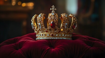 A detailed image of a regal golden crown with ornate gemstone decorations, elegantly placed on a plush velvet pillow, representing authority and prestige 