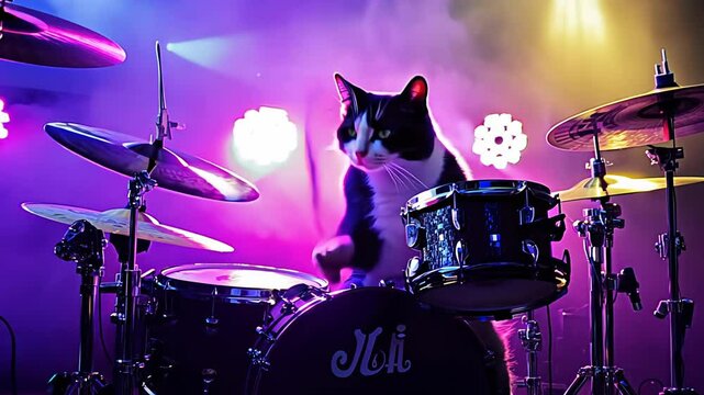  cat playing the drums under colorful lighting, creating a dynamic and amusing atmosphere, as if the cat is part of a live concert