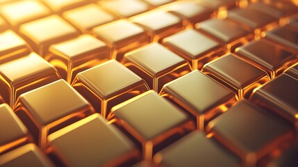 Fototapeta premium A high-resolution image of gold bars arranged in a perfect stack, their polished surfaces reflecting a warm, golden glow, evoking a sense of opulence and financial security 
