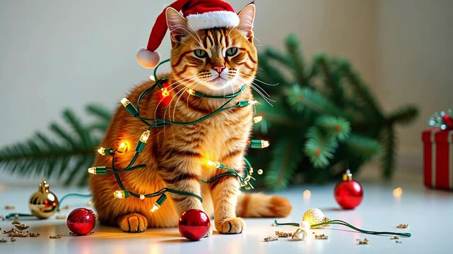 funny Cat wearing Santa hat knocked Christmas tree and tangled in garlands