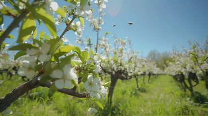 Fototapeta premium In a serene orchard, blossoming fruit trees attract buzzing bees beneath a bright blue sky.