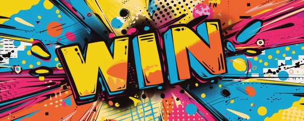 Dynamic pop art background featuring "WIN." Abstract patterns, Comic book elements, Bright vector