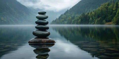Balanced stones on serene lakeside with misty mountain background