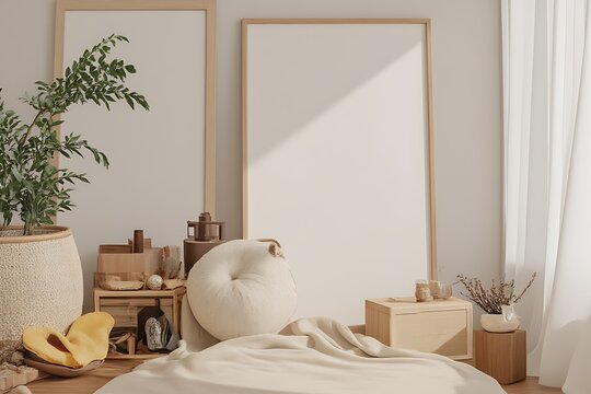 Mock-up frame in the Realistic  home interior background, with natural rattan furniture, 3d render