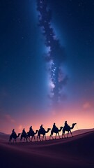 Camel riders journeying through the desert under the Milky Way