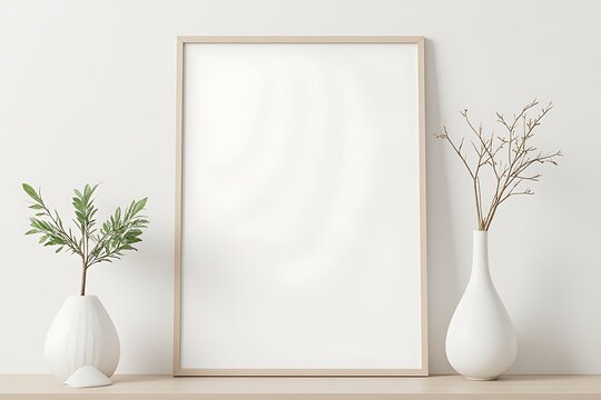Mock-up frame in the Realistic  home interior background, with natural rattan furniture, 3d render