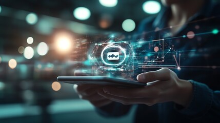 Person holding tablet with digital data hologram interface