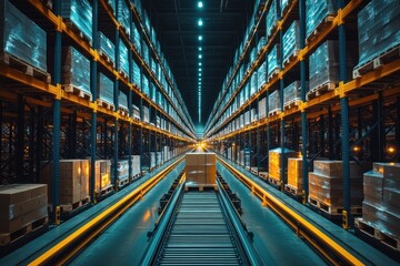 Obraz premium Automated Warehouse Conveyor System with Stacked Boxes