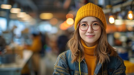 Fototapeta premium Young Woman in Yellow Beanie Smiling Indoors
