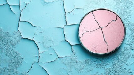Cracked powder in circular container on turquoise surface