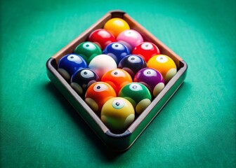 Naklejka premium Perfectly Arranged 9-Ball Rack Pattern on a Pool Table for Billiards and Snooker Enthusiasts