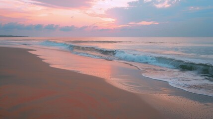 At dusk, a tranquil beach scene with gentle waves and colorful sky enhances relaxation.
