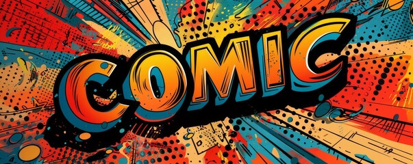 Colorful pop art background with "COMIC" text. Electric theme, Bold graphics, Dynamic vector background