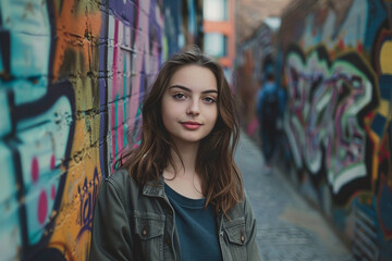 Fototapeta premium Young woman poses amidst striking graffiti, urban style