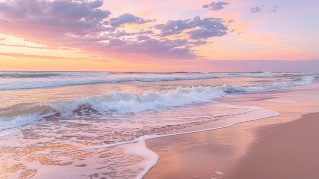 A peaceful beach at sunrise, where gentle waves meet the shore under a sky of pink, orange, and purple hues.