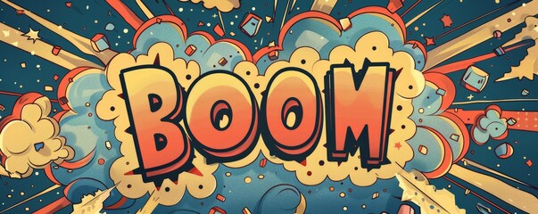 Exciting pop art background with "BOOM" text. Explosion theme, Comic book visuals, Bright vector