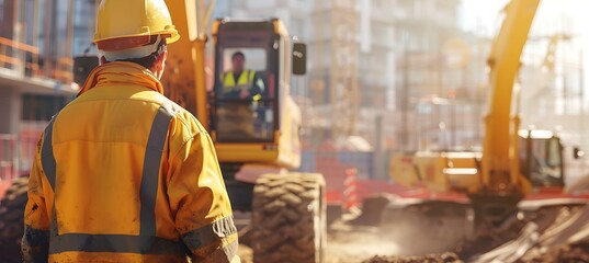 A construction crane operator maneuvering heavy machinery at a bustling construction site