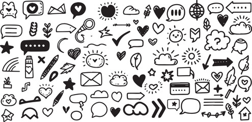 Set of cute pen line doodle element vector. Hand drawn doodle style collection of heart, arrows, scribble, speech bubble, chat, star, marks. Design for print, cartoon, card, decoration, sticker vector