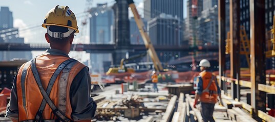 A construction foreman supervising a team of workers at a building site, ensuring safety and efficiency