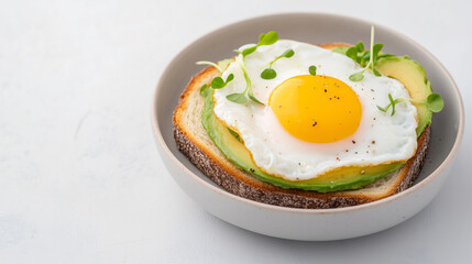 Delicious avocado toast topped with perfectly fried egg, garnished with fresh microgreens, creating vibrant and healthy breakfast option.