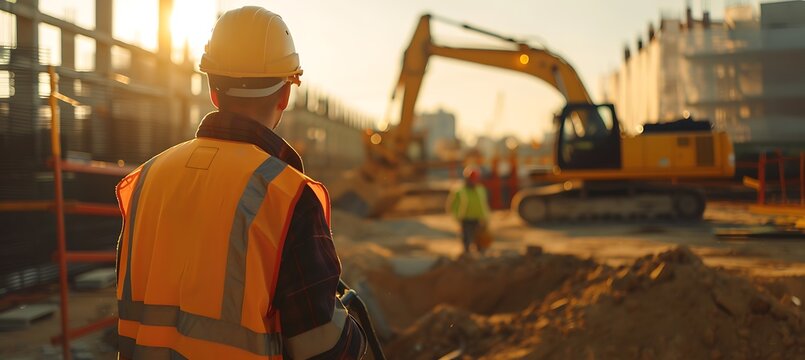 A construction foreman supervising a team of workers at a building site, ensuring safety and efficiency