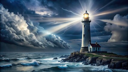 danger, reflected, beam of light, maritime industry, guidance, A large lighthouse stands tall emitting a powerful beam of light that cuts through the darkness on a stormy night