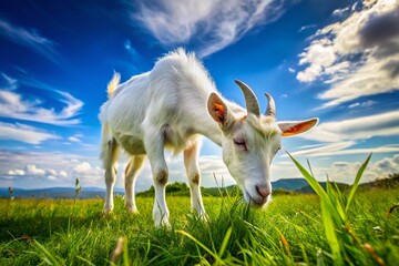 Fototapeta premium Playful White Goat Grazing in Lush Green Field Under Bright Blue Sky in Serene Rural Landscape