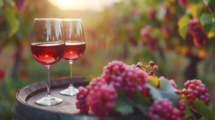 Glasses of red wine on wooden wine barrel on a vineyard in the countryside background. Copy space for food and drink and decoration or products. Montage and summer concept. 
