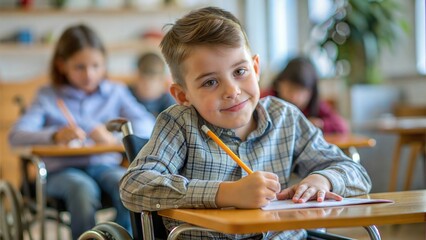 Close-Up of Handicapped Boy Holding a Pencil in Class
