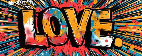 Eye-catching pop art background featuring "LOVE." Dynamic visuals, Bold graphics, Bright vector