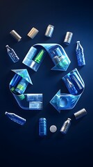 3D vector illustration of a circular recycling symbol made from different waste materials, such as glass bottles and metal cans.