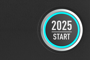 push button with tex 2025 on dark background. 3D illustration