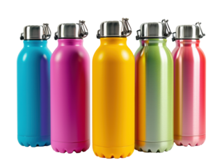 Colorful stainless steel water bottles in a line on white