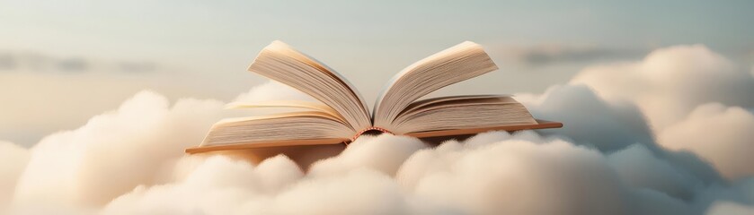 An open book resting on fluffy clouds, symbolizing dreams, imagination, and the power of stories in a serene atmosphere.