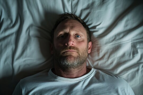 A man can't sleep because of insomnia. A man is troubled by a midlife crisis and domestic worries. Concept for social advertising of work with a psychologist, antidepressants and sleeping pills