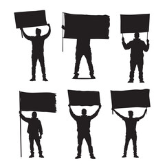 vector set of black silhouette man holding poster banner. Civil protest, democratic freedom