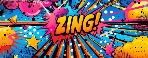 Playful pop art background featuring "ZING!" Dynamic visuals, Bold patterns, Colorful vector