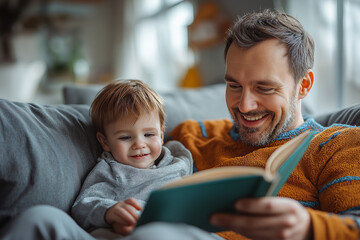 A father and young son are sitting on a couch, reading a book together