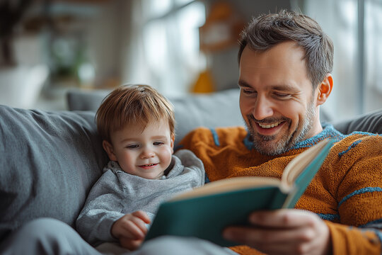 A father and young son are sitting on a couch, reading a book together