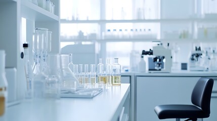 Laboratory Table with Glassware and a Chair in the Background
