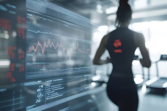 Futuristic fitness room with treadmill and futuristic interface that allows you to track your workout, health indicators. Concept of high-tech technologies, virtual trainers, augmented reality